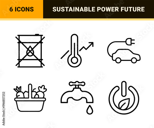 Ecology and Renewable Energy Ultra-Minimalist Monoline Icon Set featuring Sustainable Technology, Green Power, and Environmental Conservation.