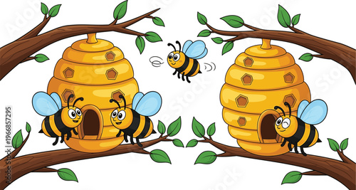 Cute Bees and Beehive Cartoon Set with Honeycomb Hives on Tree Branches Flying Insects Illustration for Nature and Honey Production Design