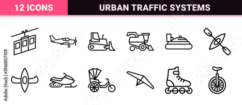 Ultra-minimalist monoline transportation and vehicle line art for professional logistics navigation and mobile application interface design