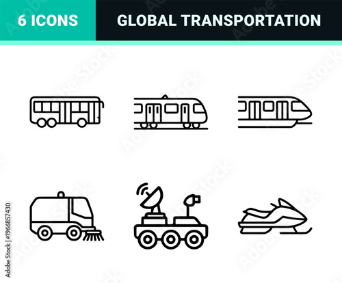 Ultra-minimalist monoline geometric transportation symbols for logistics featuring professional silhouettes with uniform thin line weight.