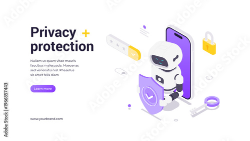 Isometric vector banner template featuring robot holding shield emerging from mobile screen with locks, keys, and security icons representing AI-driven privacy protection solutions