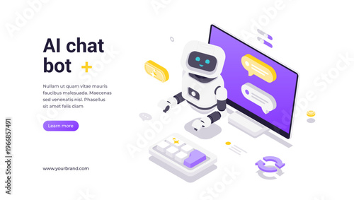 Isometric vector banner template featuring friendly robot at computer with chat windows, messages, and icons symbolizing AI-driven automation, communication, and interactive technology solutions
