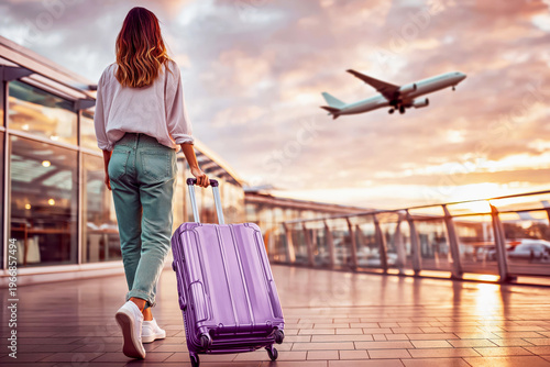 Woman pulls purple suitcase while walking towards airport terminal, with an airplane flying overhead against colorful sunset sky, showcasing travel experience and airport environment