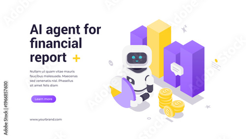 Isometric banner template showing robot holding a pie chart with financial analytics icons, emphasizing AI-powered automation, financial reporting, technology, and business intelligence solutions