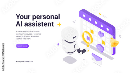 Isometric banner template depicting robot interacting with calendar and reminders, highlighting AI-powered personal assistant, time management, scheduling automation, and task organization technology