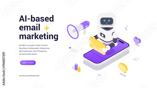 Isometric banner template showing robot holding email on smartphone surrounded by marketing icons, emphasizing AI-based automation, digital communication, analytics, and modern technology solutions