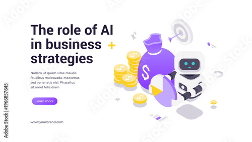 Isometric banner template showing robot holding charts and finance icons, emphasizing AI-powered business strategy, analytics, optimization, and technology solutions for modern enterprises
