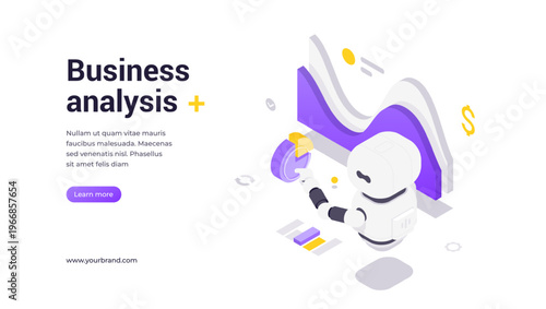 Isometric banner template featuring robot with charts and finance icons, emphasizing AI-driven business analysis, data visualization, strategy optimization, and intelligent technology solutions