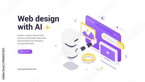 Isometric banner template showing robot designing web page with interface elements, gears, and icons, emphasizing AI-based web design automation, digital creativity, and modern technology solutions