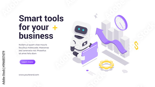 Isometric banner template showing robot holding folder with charts, gears, and finance symbols, highlighting AI business tools, automated solutions, and smart digital management innovations