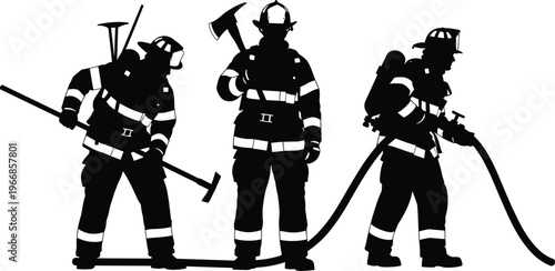 Black silhouette illustration of firefighters with protective gear, hose, axe, tools, teamwork artwork representing emergency response, safety, rescue, and bravery