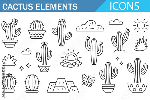 Cactus succulent and desert landscape line icons for nature design