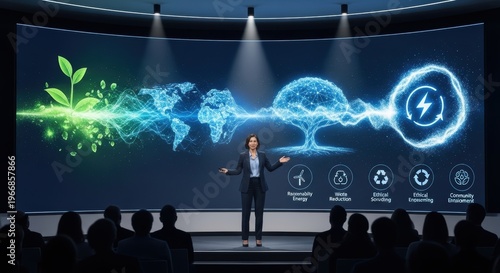 Female CEO presenting sustainability goals enhanced by generative AI visuals at business conference in modern auditorium, front viewpoint, innovative concept