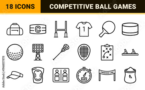 Professional Sports Equipment and Ball Game Outline Symbols for Athletic Competition and Fitness UI Design
