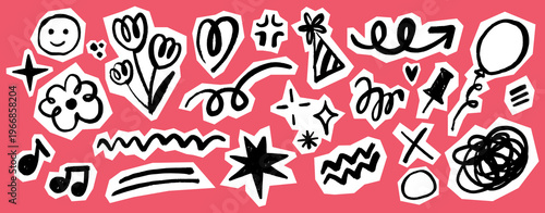 Festive Scribble Doodle Set. Fun Scrapbook hand drawn party elements in childish crayon style. Cute kids stickers with balloons, flowers, stars, hearts, party hat, confetti, sparkles with cutout edges