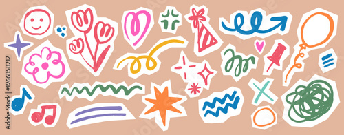 Kids Birthday Scribble Doodle Set. Scrapbook hand drawn party elements in childish crayon style. Cute stickers with balloons, flowers, stars, hearts, party hats, confetti, sparkles with cutout edges.