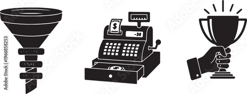 Business icons, marketing symbols, sales funnel, cash register, award trophy isolated on Transparent Background