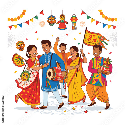 Vector illustration of a vibrant Bengali New Year celebration, Pohela Boishakh festival parade with traditional Bangladesh and India cultural design elements, colorful heritage festival