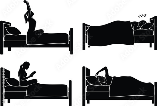 Black silhouette illustration of person in bed sleeping, waking, stretching, reading, lifestyle artwork representing bedtime routine, rest, relaxation, and habits