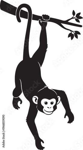 A monkey hanging upside down from a tree branch isolated on transparent background, Vector