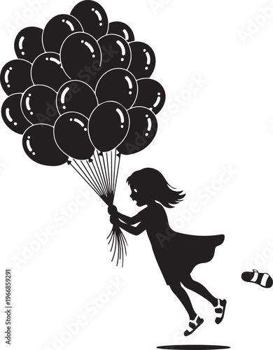 A girl runs away with a bunch of black balloons isolated on transparent background, Vector