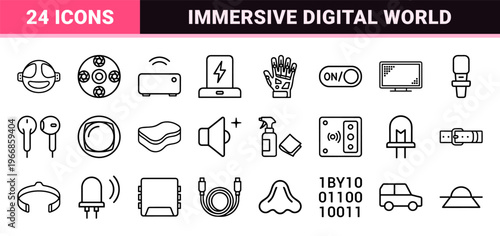 Immersive Technology and Virtual Reality Hardware Ultra-minimalist Monoline Icons for Metaverse Interface and Augmented Reality Design.