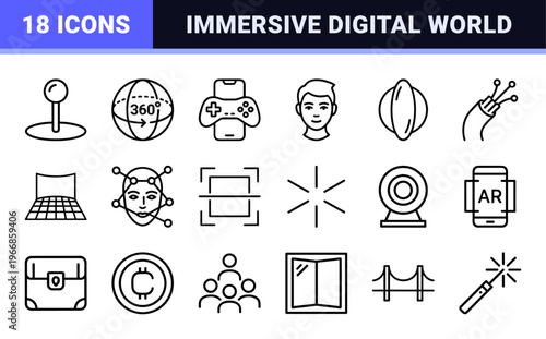 Ultra-minimalist virtual reality and metaverse thin line icons featuring augmented reality, haptic technology, and immersive digital experience symbols.