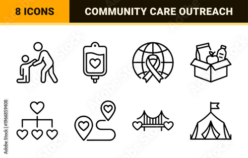 Charity and Community Support Monoline Icons for Non-profit Organizations and Humanitarian Aid Projects Featuring Ultra-Minimalist Geometric Line Art Aesthetics.