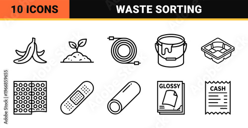 Refined Waste Sorting and Recycling Infrastructure Line Art for Sustainable Disposal Systems and Environmental Circular Economy Professional Design.