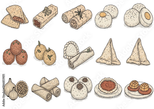 A diverse hand-drawn collection of traditional savory and sweet pastries, dumplings, and delectable snacks from various cultures