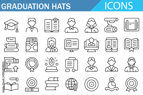 Graduation cap and education symbols outline icon collection for academic concepts