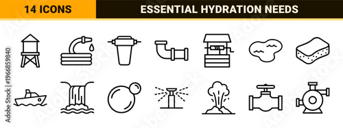 Modern Water Resources and Hydration Line Icons. Ultra-minimalist monoline geometric line art for plumbing, filtration, and ecological conservation.