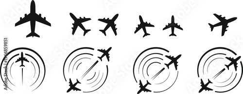 Collection of airplane silhouettes with radar graphics, showcasing aviation icons, flight tracking, air traffic control, motion detection, and aviation design elements