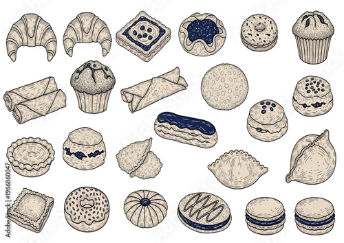 Collection of various baked goods and pastries, including croissants, donuts, and muffins