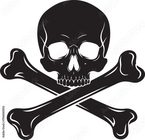 A black and white image of a skull and crossbones isolated on transparent background, Vector