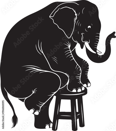 A black and white drawing of an elephant on a stool isolated on transparent background, Vector