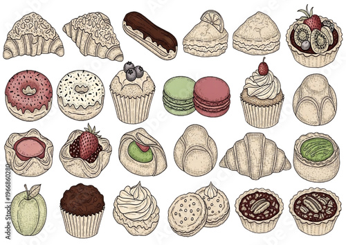 A delectable collection of hand-drawn pastries and baked goods, showcasing a sweet variety of dessert delights