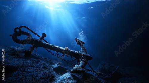 Submerged anchor on ocean floor with chain resting on a dark seabed. Light rays shine down