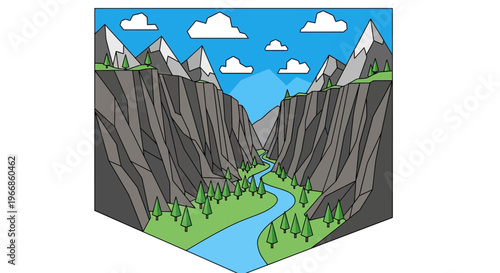 Vast Mountain Gorge with Winding River and Green Trees.