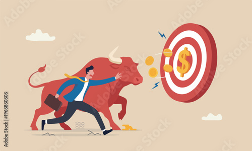 Financial risk,red big bullseye target making money, debt or loss problem, chasing investment return, danger or crisis, businessman risk himself chasing money to grab flying dollar gold coin