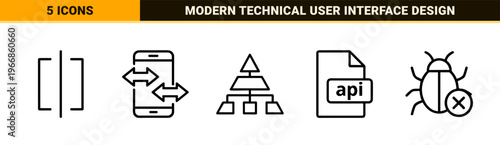 Modern Web Development and Software Engineering Minimalist Monoline Icon Set Featuring Coding Symbols and Digital Infrastructure Graphics