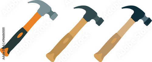 Vector illustration of claw hammers wooden and rubber handle tool set