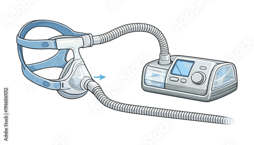 CPAP machine with mask and hose for sleep apnea treatment