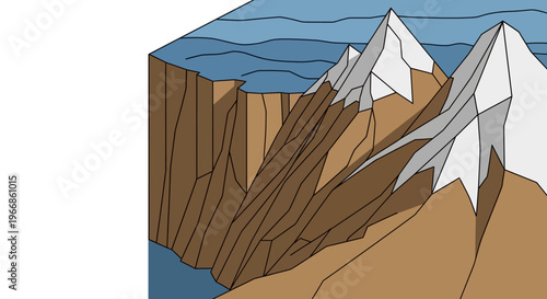 Cross section of mountains and ocean showing geological layers.