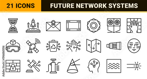 Next-Generation Web Technologies and Digital Infrastructure Icon Set. Ultra-minimalist monoline geometric line art for professional interfaces.