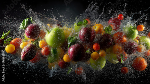 Dynamic flying fresh tropical fruits crisp vegetables water splashes