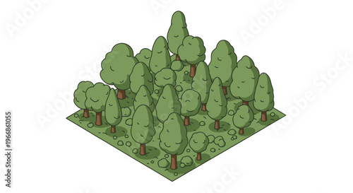 Dense forest illustration with various green trees and foliage.