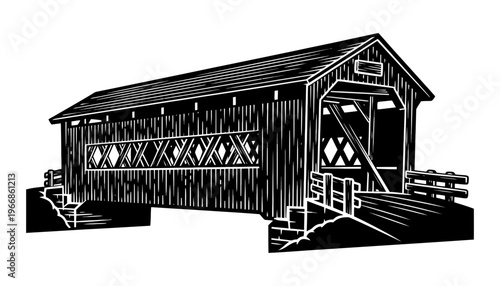 A black and white illustration of a covered bridge silhouette vector