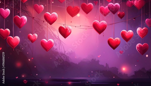 Dreamy romantic background with numerous hanging red hearts and soft glowing lights.