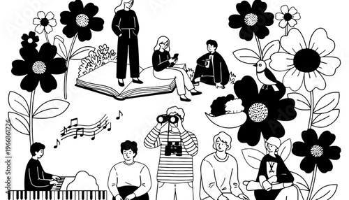 A black and white illustration of people surrounded by flowers and music